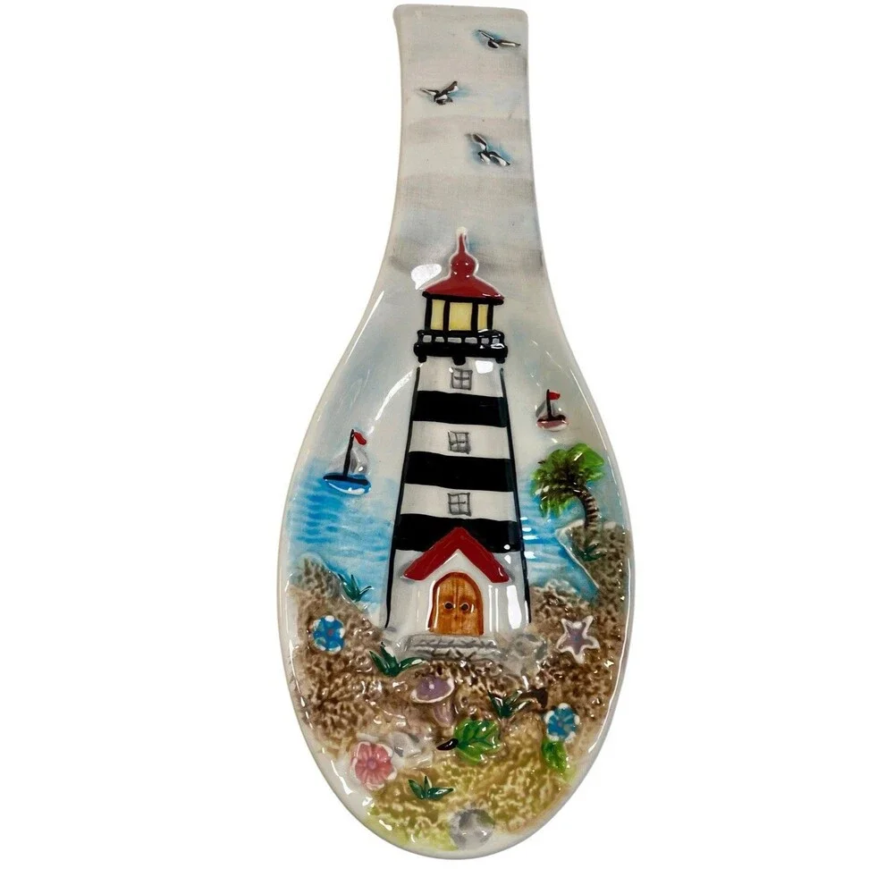 Lighthouse Beach Spoon Rest Ceramic 11” 3D Nautical Kitchenware